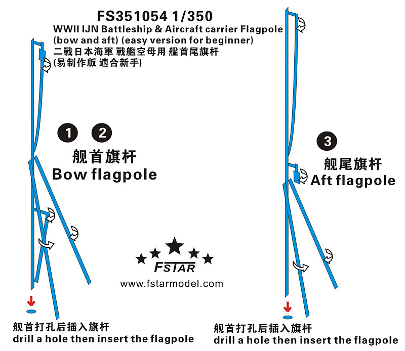 1/350 二战日本海军战列舰/航空母舰用舰首尾旗杆(易制作版, 适合新手)