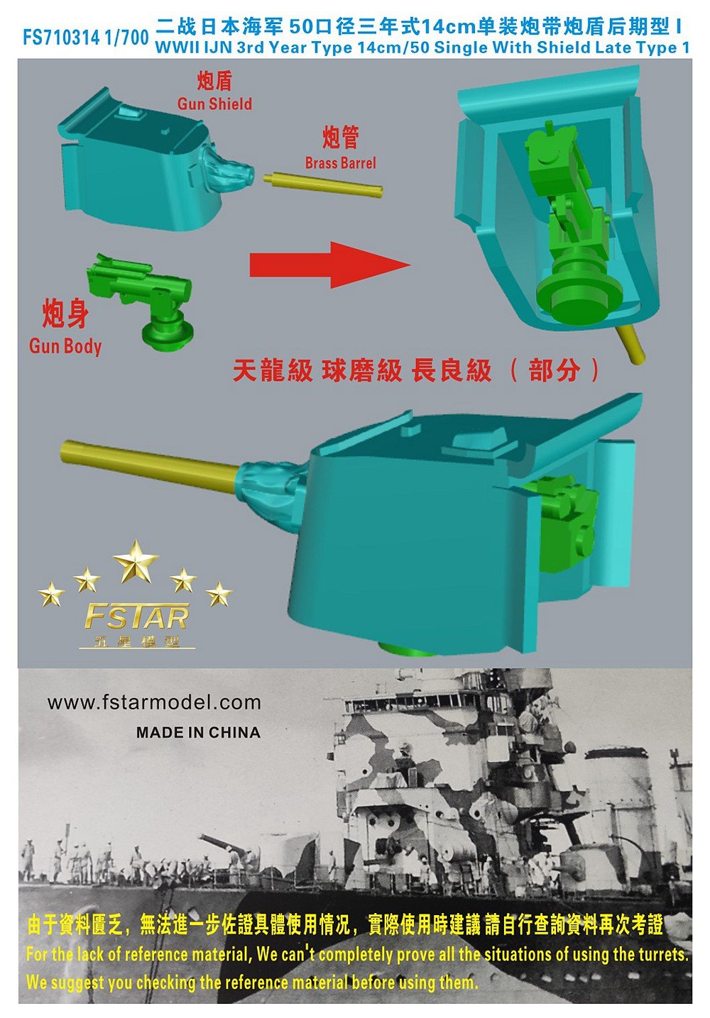 1/700 二战日本海军50口径三年式14cm单装炮带炮盾后期型(7台)3D打印