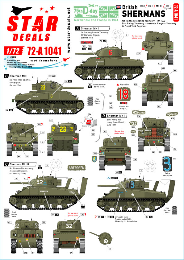 1/72 二战英国谢尔曼中型坦克"Mk.I, Mk.II, Mk.III, Mk.I 混合型"