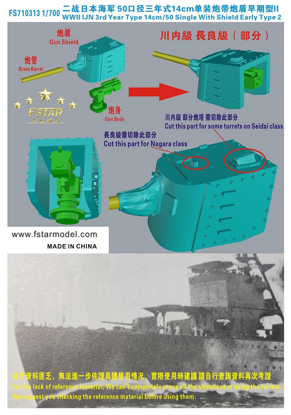 1/700 二战日本海军50口径三年式14cm单装炮带炮盾初期型(7台)3D打印