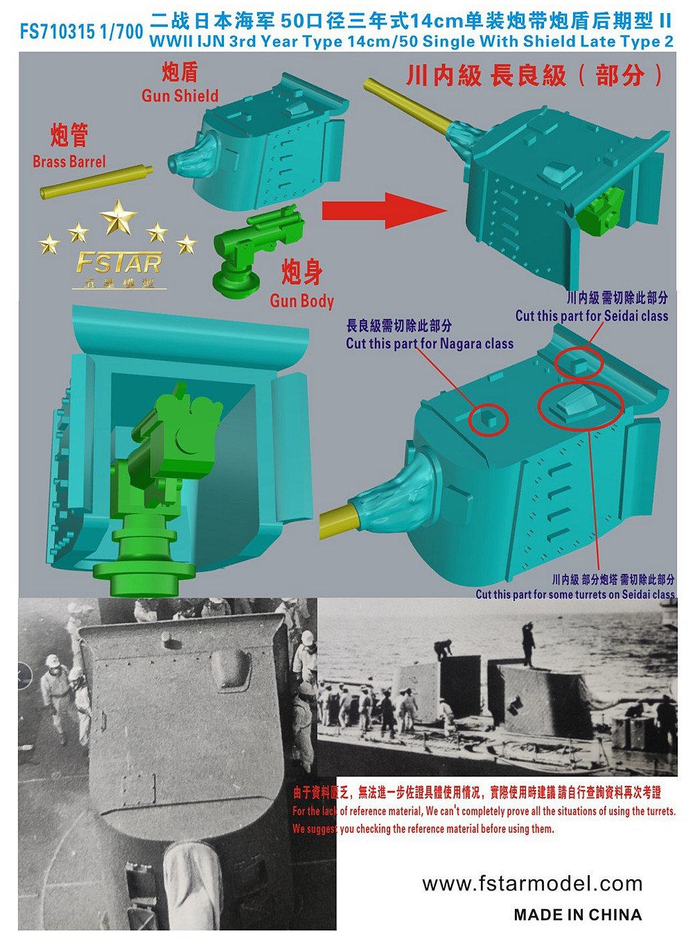 1/700 二战日本海军50口径三年式14cm单装炮带炮盾后期型(7台)3D打印