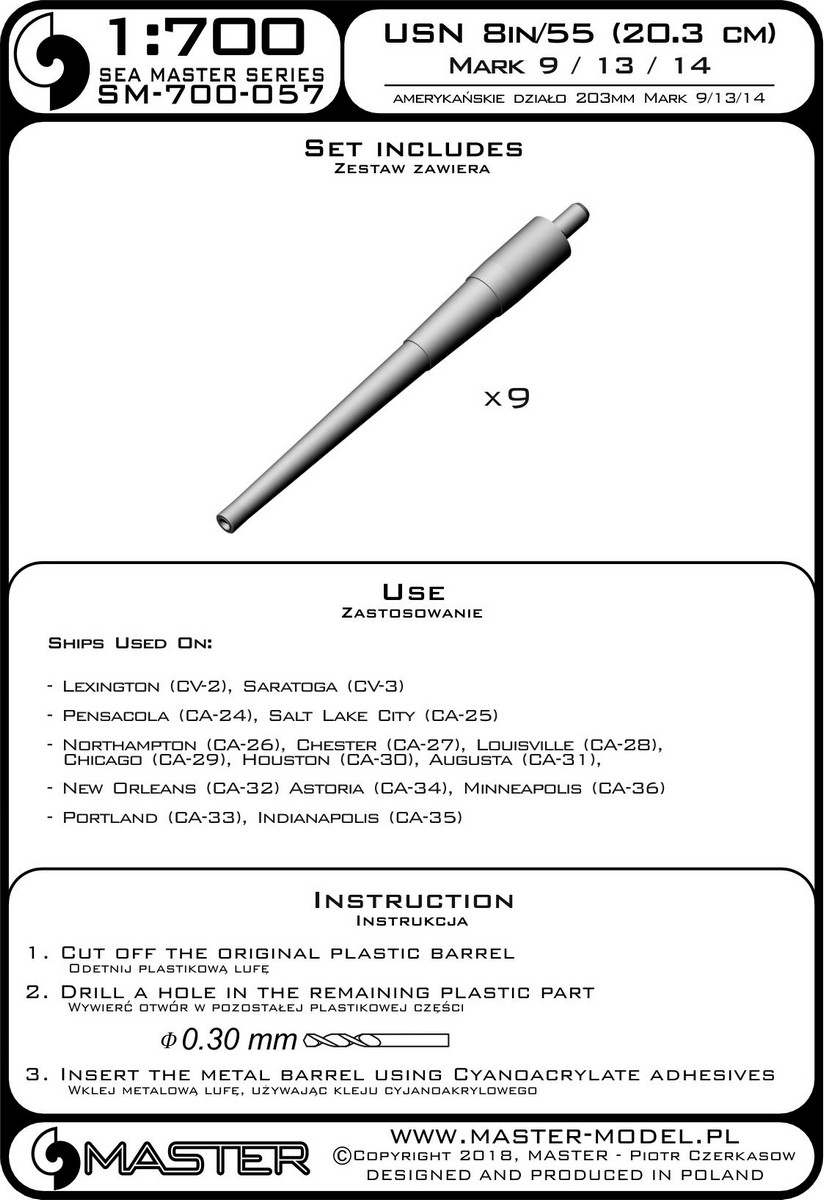 1/700 二战美国 8in (20.3cm) L/55 Mark.9 舰炮金属炮管(9支) - 点击图像关闭